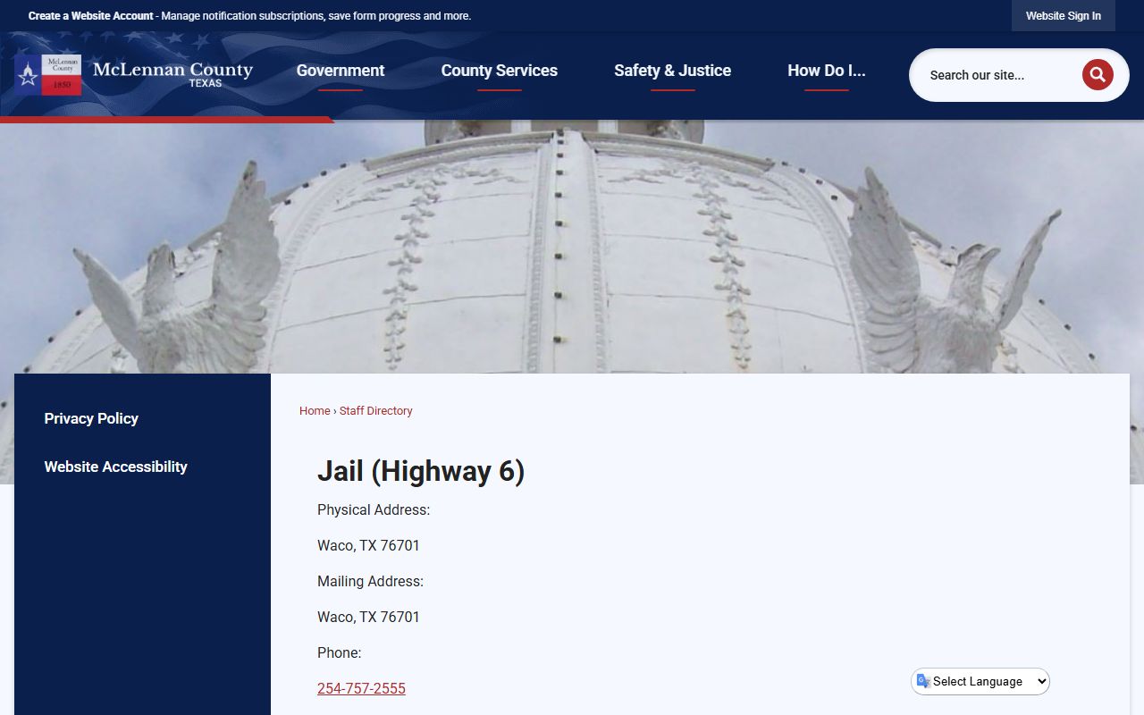 McLennan County directory entry for Jail Highway 6