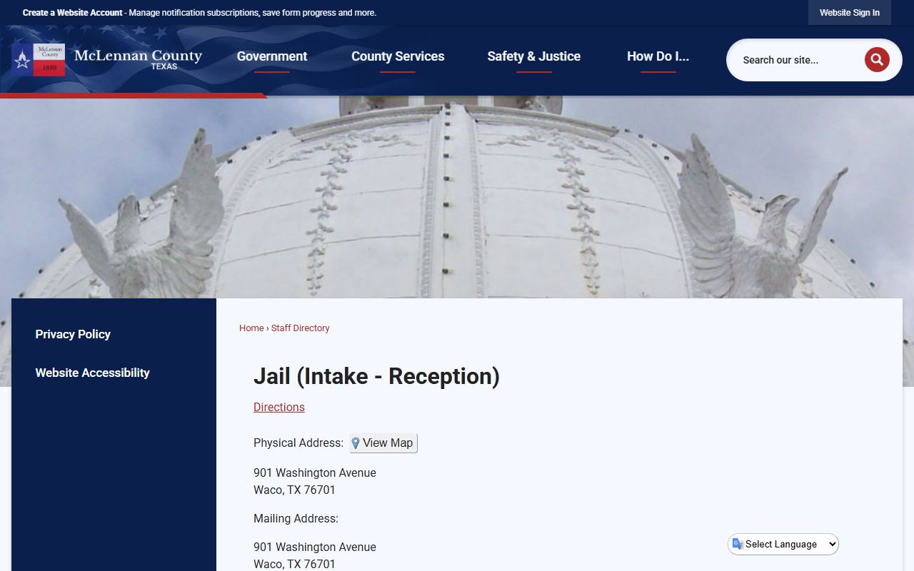 McLennan County directory entry for Jail Intake - Reception